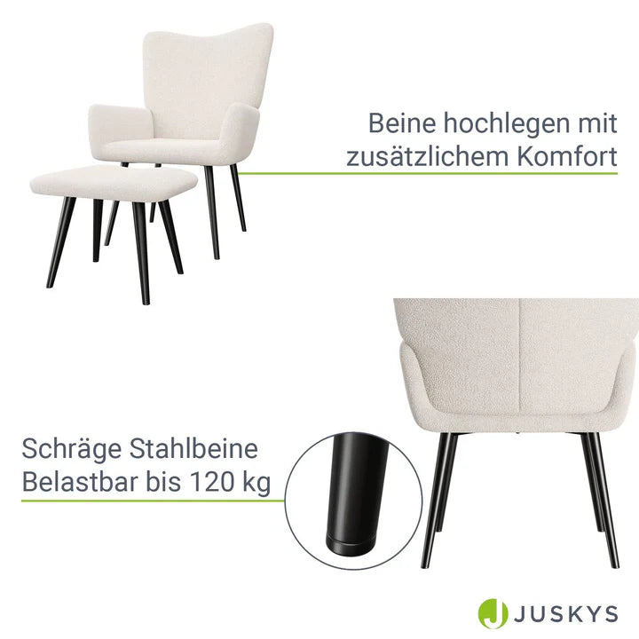 Ohrensessel Relaxsessel Bouclé mit Hocker Beige