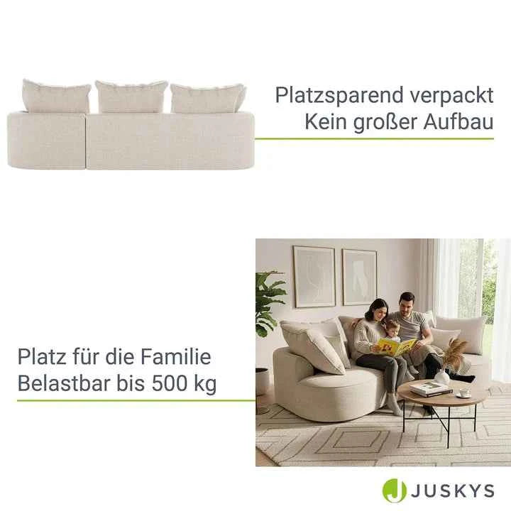 Sofa Tirano mit Ottomane & Dekokissen aus Boucléstoff Creme