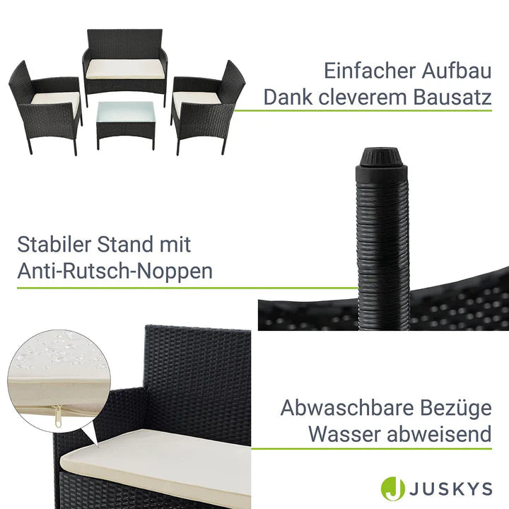 Polyrattan Sitzgruppe Fort Myers schwarz und cremeweiss Bezüge