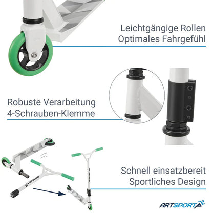 Stunt Scooter Futuriste en Blanc Vert Trick Scooter avec direction à 360°