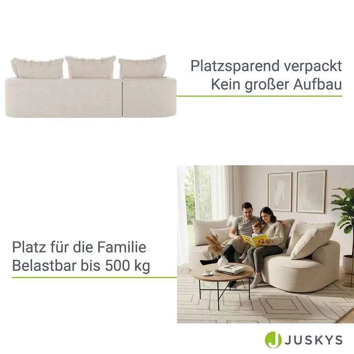 Sofa Tirano mit Ottomane & Dekokissen aus Boucléstoff Creme Links