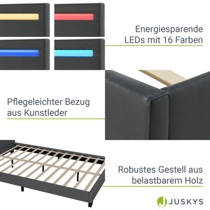 Lit tapissé LED Paris 140 x 200 cm sommier à lattes gris