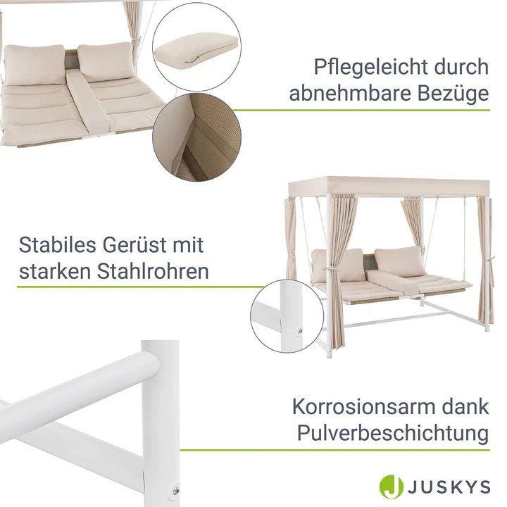Schaukelliege Kassandra in Weiss Beige Sonnendach und Vorhängen