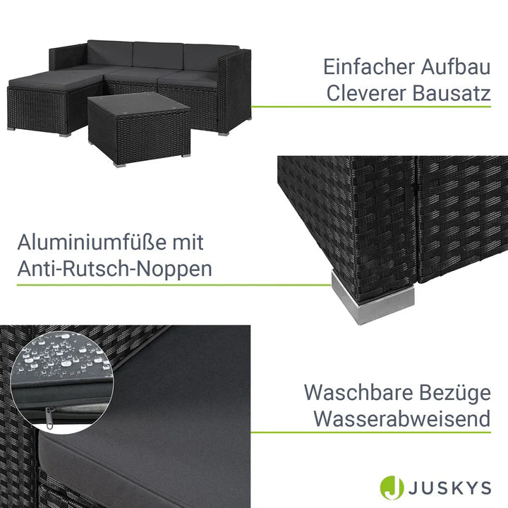 Salon en polyrotin Punta Cana M salon noir composé de 1 table, 1 canapé et 1 tabouret