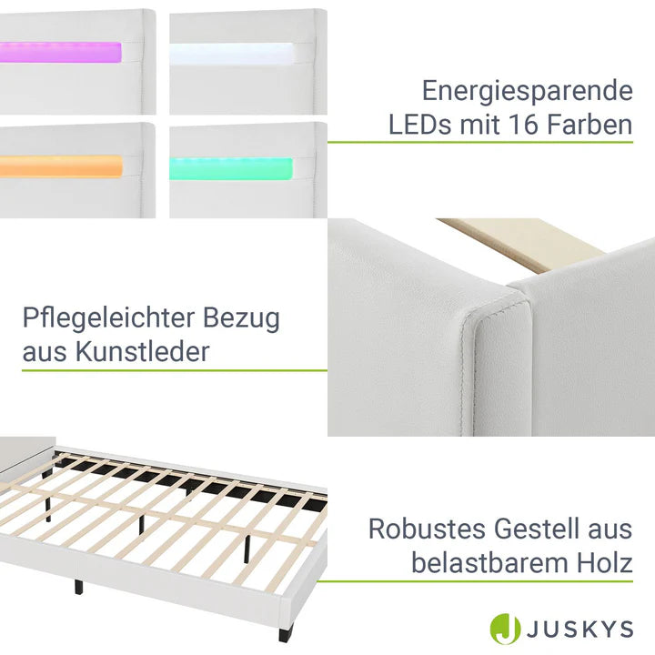 Lit tapissé LED Paris 140 x 200 cm sommier à lattes blanc