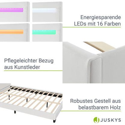 Lit tapissé LED Paris 140 x 200 cm sommier à lattes blanc