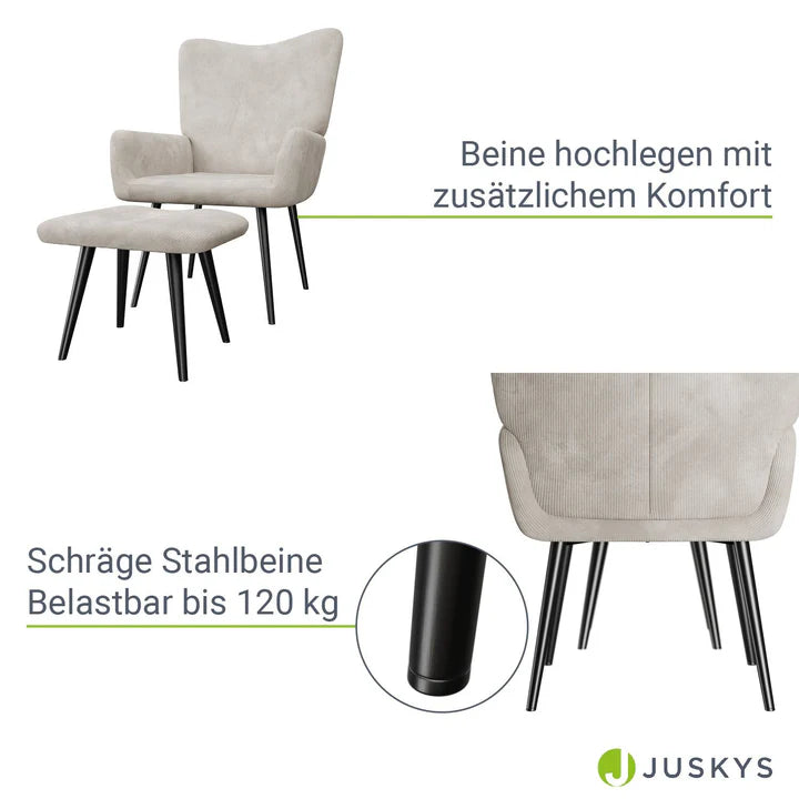 Ohrensessel Relaxsessel Cord mit Hocker Beige