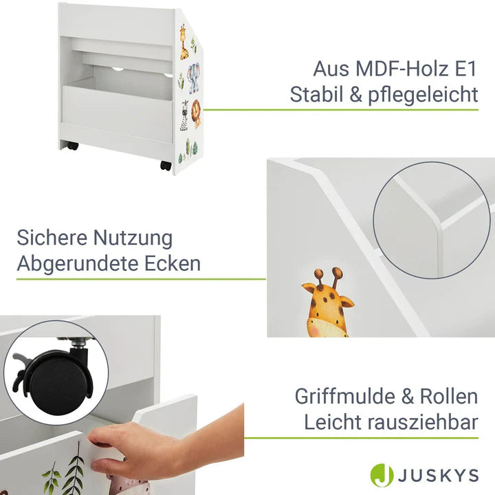 Kinder Bücherregal Weiss aus Holz 3 Fächer + 1 Kiste