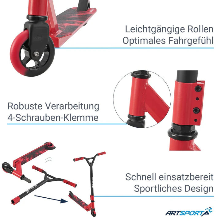 Stunt Scooter Red Smoke in Rot Schwarz Trick Roller mit 360° Lenkung