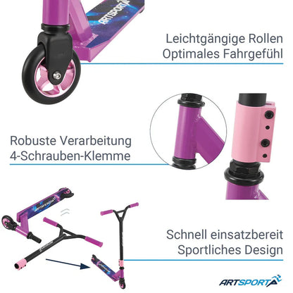 Stunt Scooter Galactic Cruiser in Lila Schwarz Trick Roller mit 360° Lenkung