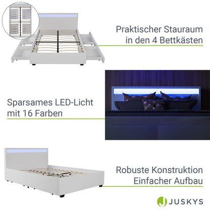 Lit capitonné LED Lyon avec coffre de lit 140 x 200 cm - blanc