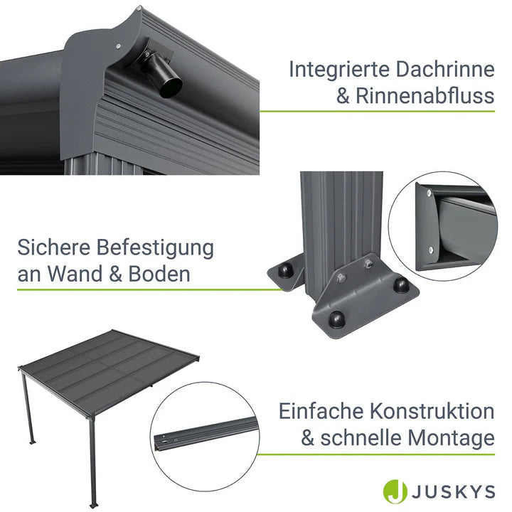 Aluminium Terrassendach Borneo 3x3m mit Doppelsteg-Platten in dunkelgrau
