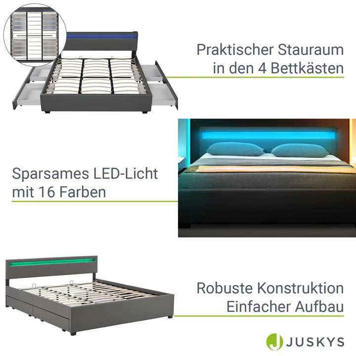 Lit capitonné LED Lyon avec coffre de lit 180 x 200 cm - gris foncé