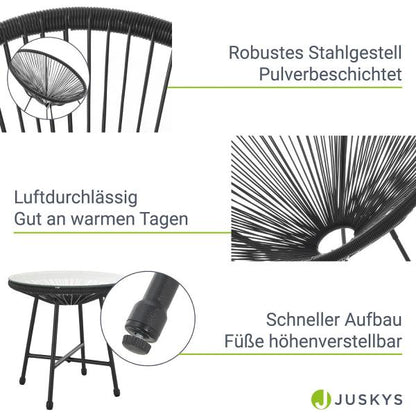 Balkonmöbel Set Ostana 3-teilig Schwarz Sitzgruppe im Retro-Design mit Tisch & 2 Sesseln