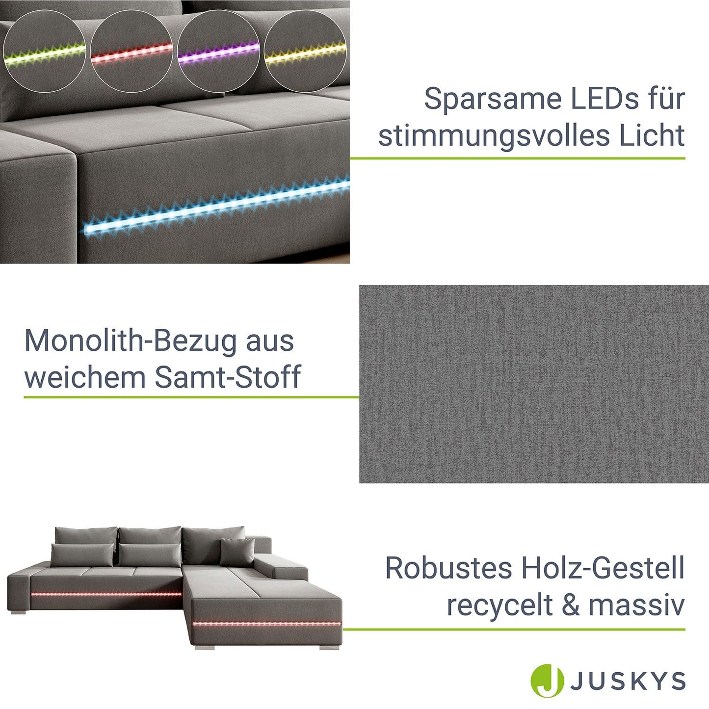 Sofa Davos mit LEDs & L-Form Schlaffunktion Hellgrau