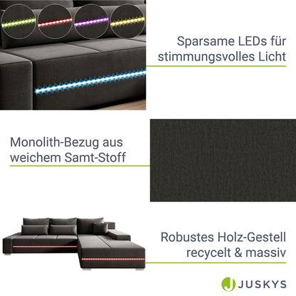 Sofa Davos mit LEDs in L-Form mit Schlaffunktion - Dunkelgrau