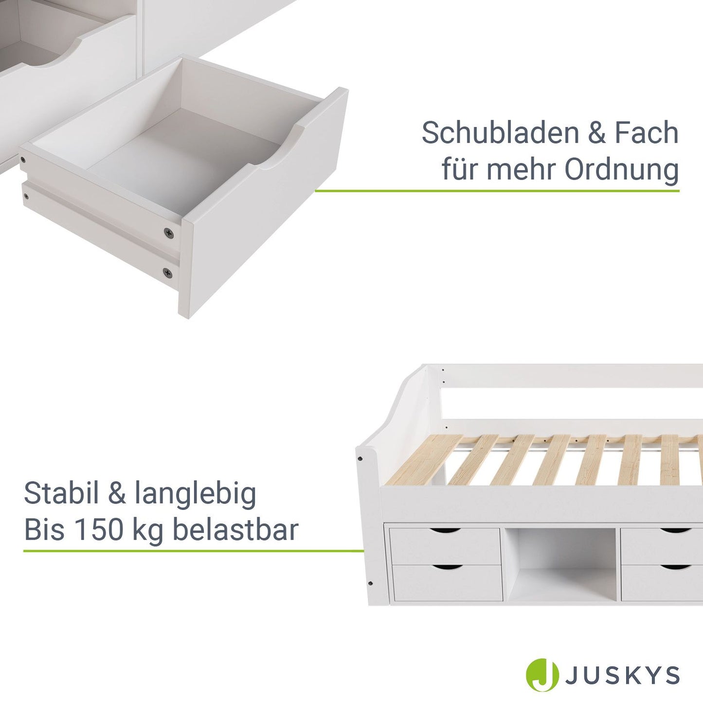 Funktionsbett Nalu 90x200 cm mit Lattenrost & Stauraum - Weiss