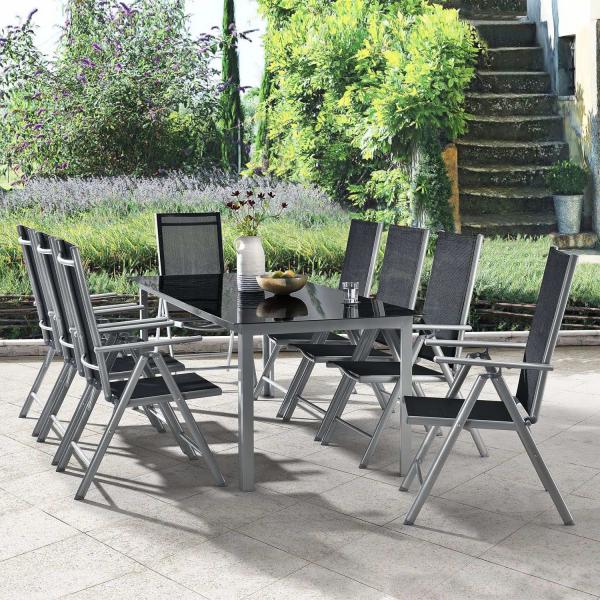 Set da giardino in alluminio Milano 9 pezzi con tavolo e 8 sedie grigio argento