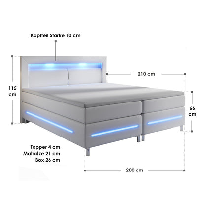 Boxspringbett Norfolk 200 x 200 cm weiss - LED-Streifen und Federkernmatratze