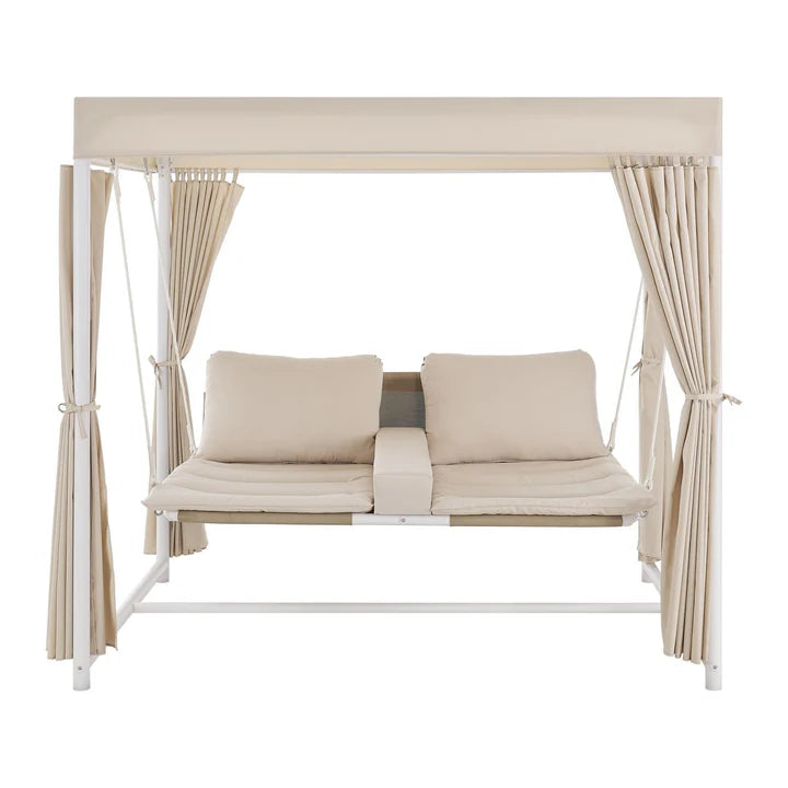 Schaukelliege Kassandra in Weiss Beige Sonnendach und Vorhängen