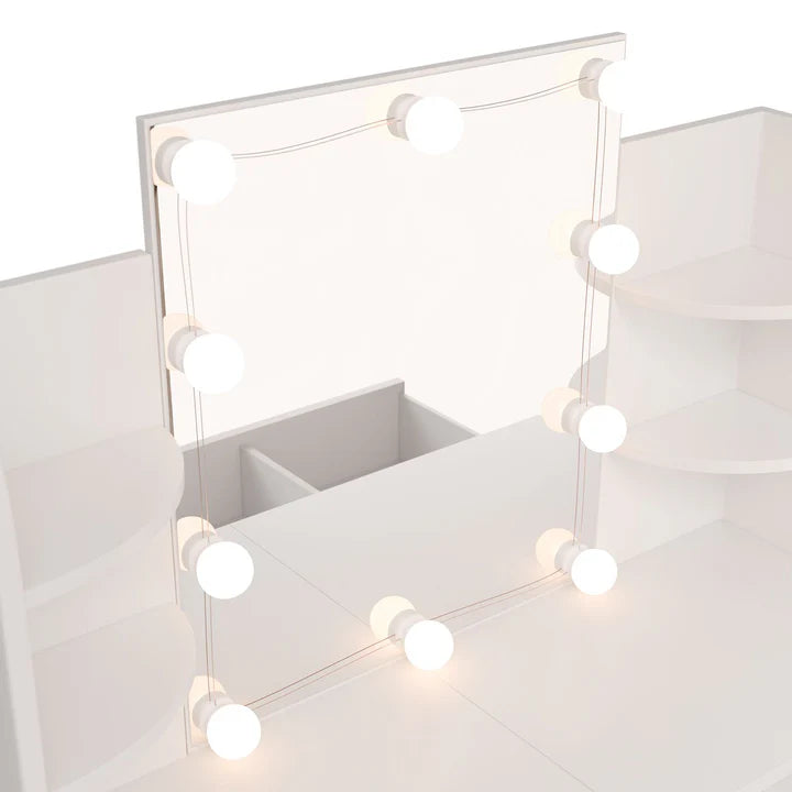 Coiffeuse Bella avec éclairage LED, miroir, tiroir et compartiments | blanc