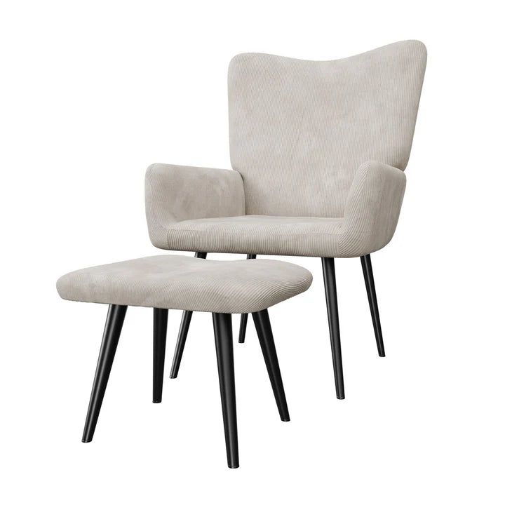 Ohrensessel Relaxsessel Cord mit Hocker Beige