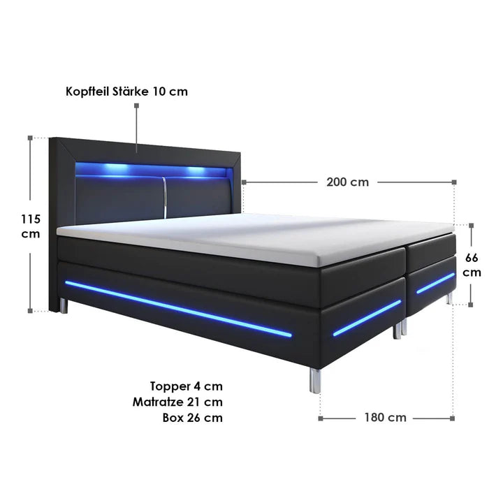 Lit à sommier tapissier LED Norfolk 180 x 200 cm noir - Bandes LED et matelas à ressorts