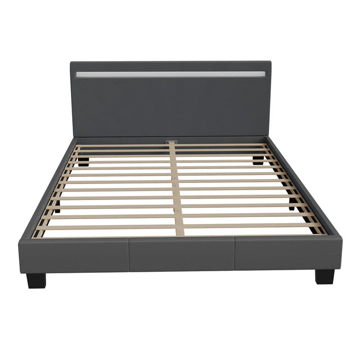 Lit tapissé LED Paris 140 x 200 cm sommier à lattes gris