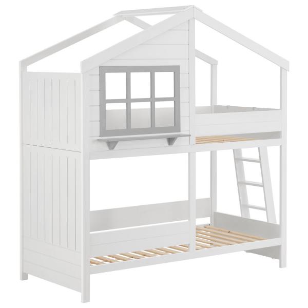 Lit mezzanine enfant maison de rêve 90 x 200 cm Lit enfant moderne avec toit, 2 lits et échelle