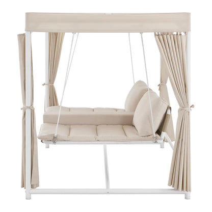 Schaukelliege Kassandra in Weiss Beige Sonnendach und Vorhängen