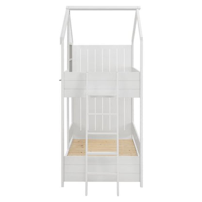 Lit mezzanine enfant maison de rêve 90 x 200 cm Lit enfant moderne avec toit, 2 lits et échelle