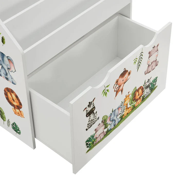 Kinder Bücherregal Weiss aus Holz 3 Fächer + 1 Kiste