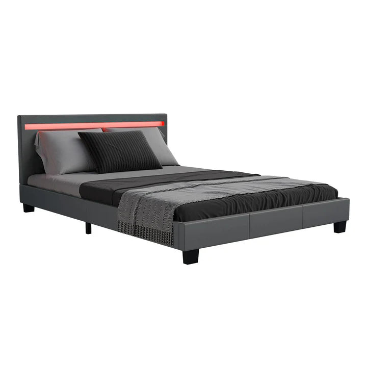 Lit tapissé LED Paris 140 x 200 cm sommier à lattes gris