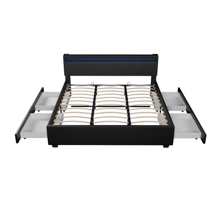 Lit capitonné Lyon avec caisson de lit 180 x 200 cm éclairage LED et sommier à lattes noir