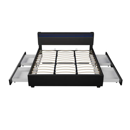 Lit capitonné Lyon avec caisson de lit 180 x 200 cm éclairage LED et sommier à lattes noir