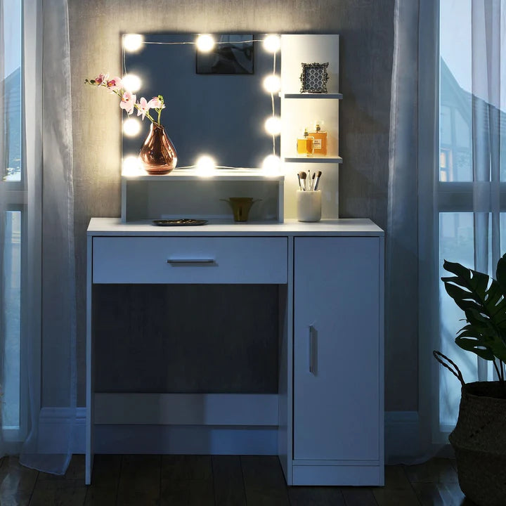 Coiffeuse blanche Zoey avec miroir, tiroir et placard