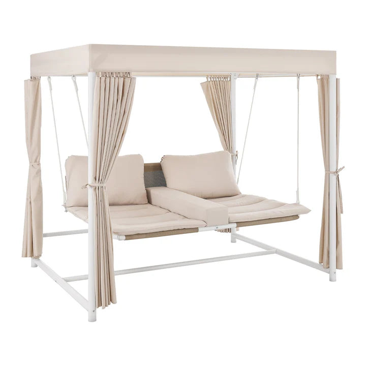 Schaukelliege Kassandra in Weiss Beige Sonnendach und Vorhängen