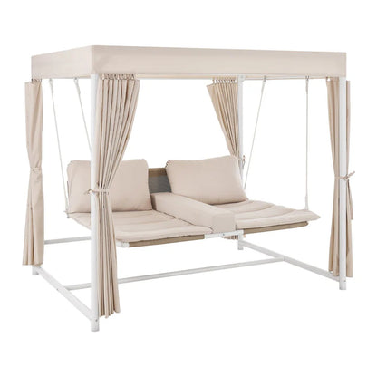 Schaukelliege Kassandra in Weiss Beige Sonnendach und Vorhängen