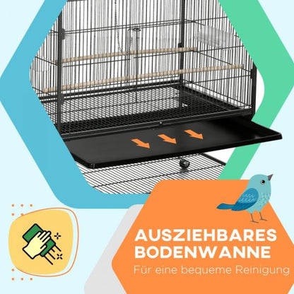 Cage à oiseaux comprenant perchoirs, jouets pour oiseaux, plateau de base amovible, 1 étagère, gris