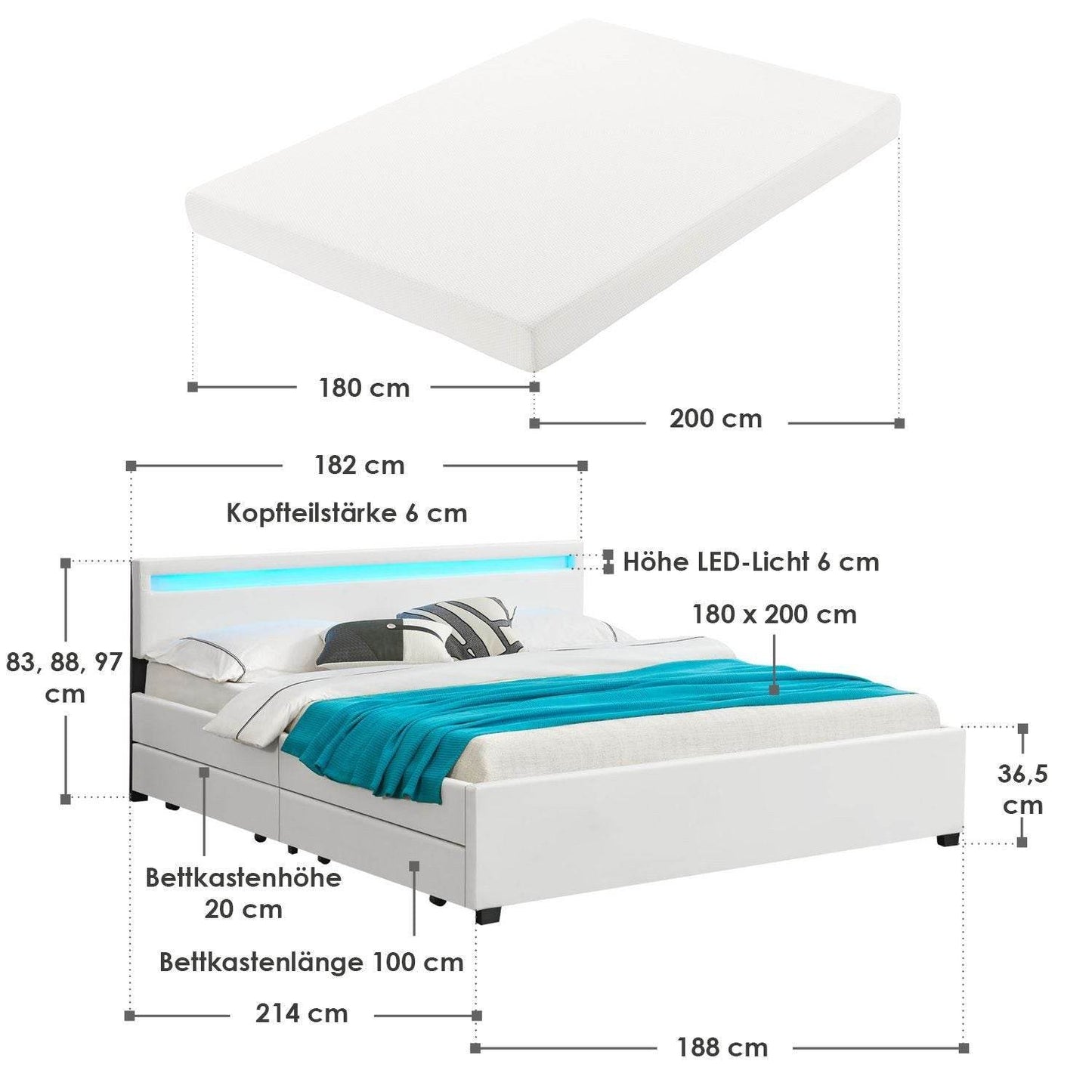 Polsterbett Lyon 180 x 200 cm mit Bettkasten, LED Beleuchtung, Lattenrost & Matratze Weiss - Palo24