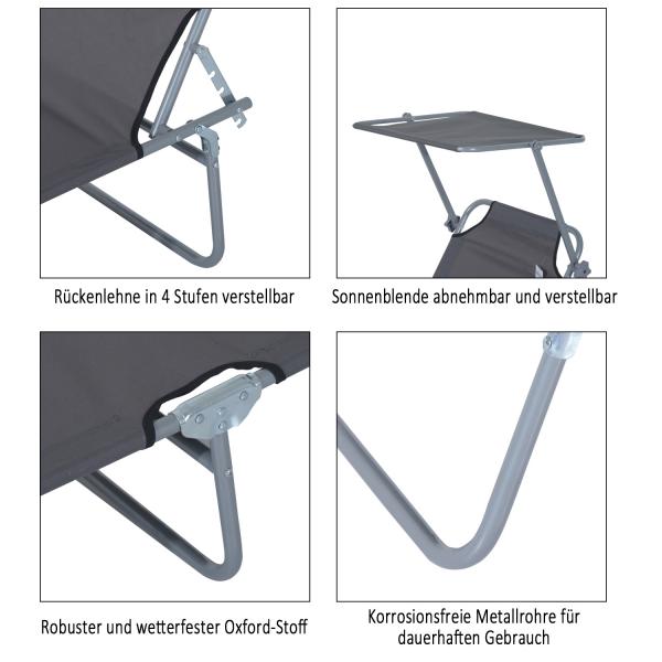 Sonnenliege mit Sonnenschutz Wellnessliege klappbar Gartenliege Grau