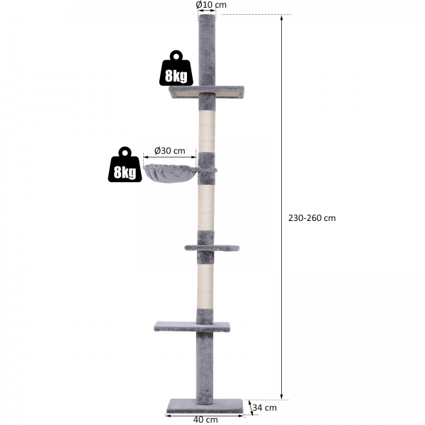 Kratzbaum deckenhoch höhenverstellbar Holz+Sisal+Plüsch Grau