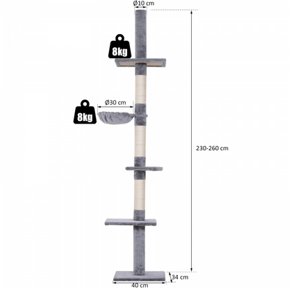 Kratzbaum deckenhoch höhenverstellbar Holz+Sisal+Plüsch Grau