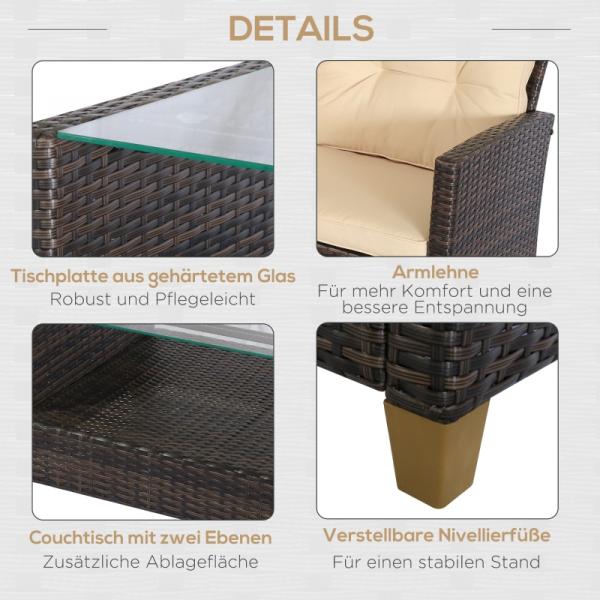 Set di mobili da giardino, 4 pezzi, 3 divani, tavolino, cuscini di seduta, struttura in alluminio, rattan artificiale, beige