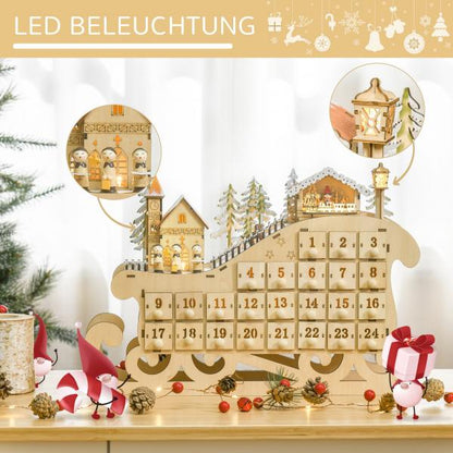 Calendario dell'avvento da riempire con 24 scomparti per cassetti Calendario di Natale con luci LED a forma di slitta