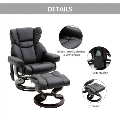 Fauteuil de relaxation avec fonction massage, repose-pieds, fauteuil de massage, fonction inclinable, noir