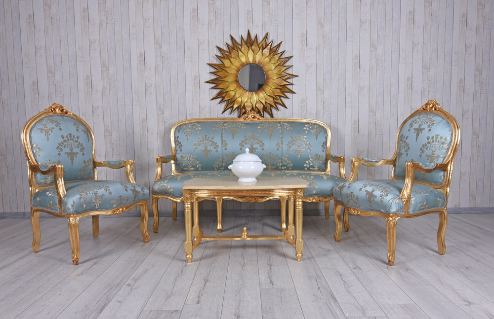 GRUPPO DI SEDUTE SET SALOTTO BAROCCO DIVANO E DUE POLTRONE TAVOLO