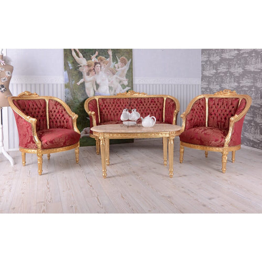 SITZGRUPPE BAROCK SALONGARNITUR SOFA & ZWEI SESSEL TISCH MARMORPLATTE