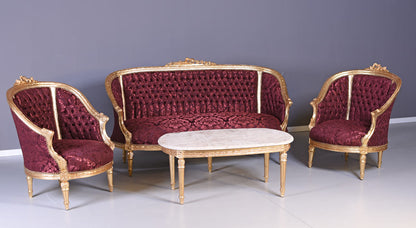 GRUPPO DI SEDUTE SET SALOTTO BAROCCO DIVANO E DUE POLTRONE TAVOLO MARMO