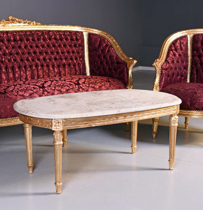 GRUPPO DI SEDUTE SET SALOTTO BAROCCO DIVANO E DUE POLTRONE TAVOLO MARMO